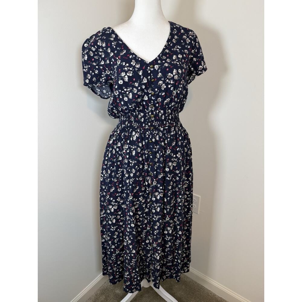 ModCloth Women’s Large Long Floral Dress Short Sleeve Spring Casual V Neck